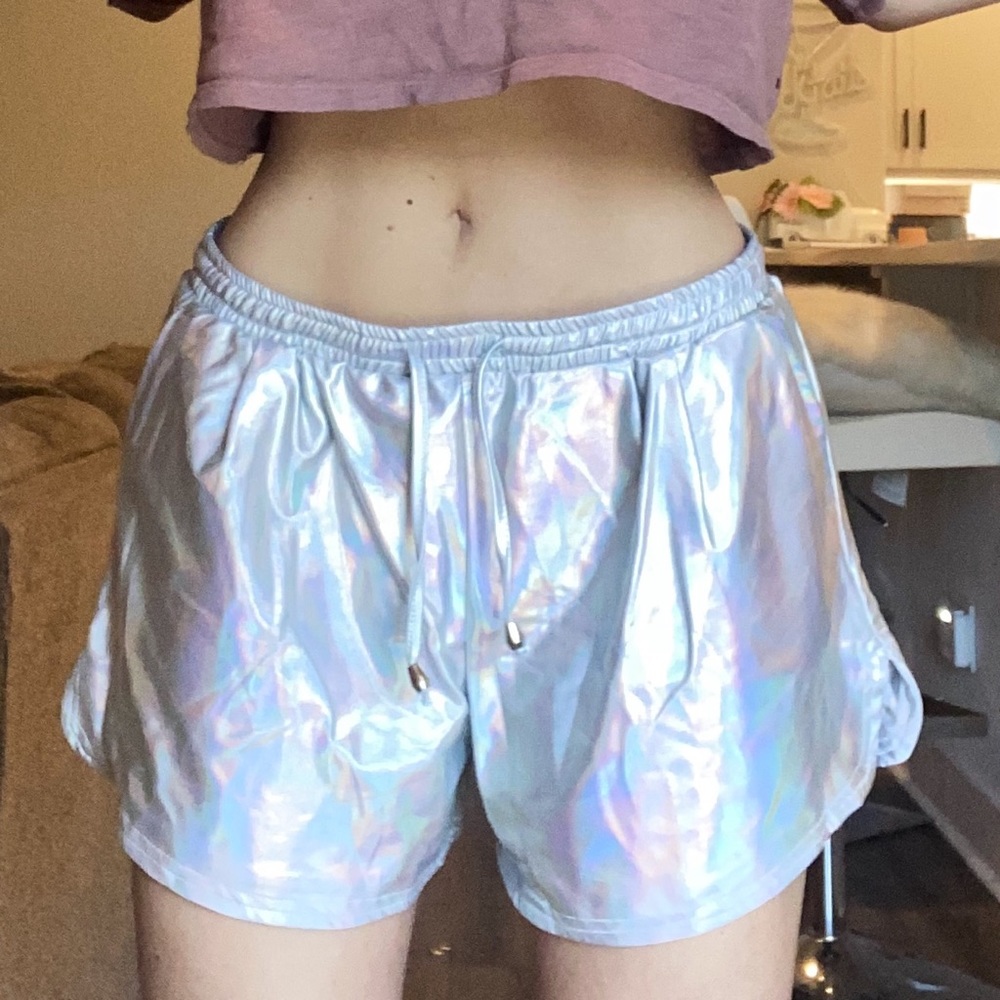 Holographic iridescent metallic shorts